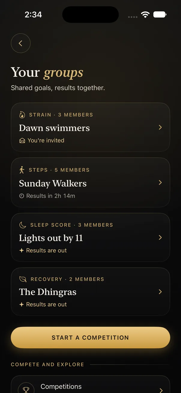 Your groups in Elyt: competitions on strain, steps, sleep score and recovery